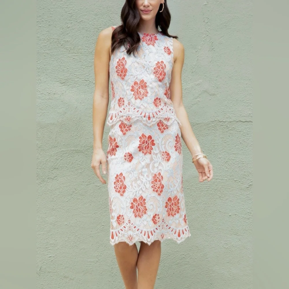 Eva Franco Lace Top & Skirt Set NWT 2 Pcs Persimmon Blue & Pale Pink Size 8